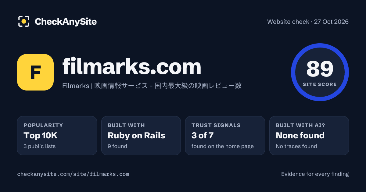 filmarks.com on CheckAnySite: AI traces none found, popularity Top 10K, site score 89 of 100.