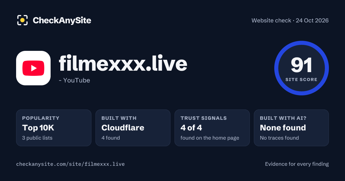 filmexxx.live on CheckAnySite: AI traces none found, popularity Top 10K, site score 91 of 100.