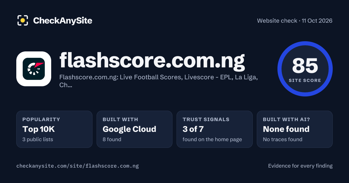 flashscore.com.ng on CheckAnySite: AI traces none found, popularity Top 10K, site score 85 of 100.