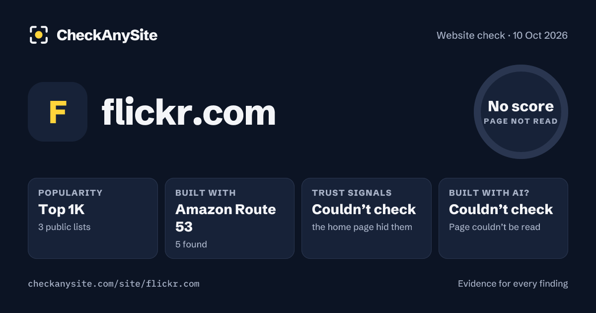 flickr.com on CheckAnySite: AI traces couldn’t check, popularity Top 1K, no score.