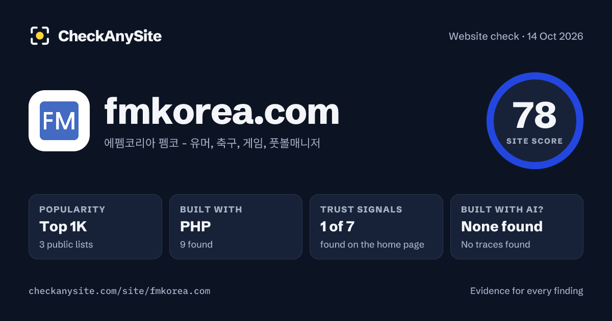 fmkorea.com on CheckAnySite: AI traces none found, popularity Top 1K, site score 78 of 100.