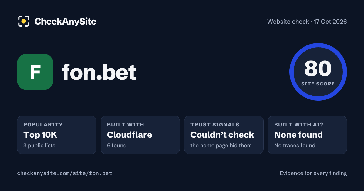 fon.bet on CheckAnySite: AI traces none found, popularity Top 10K, site score 80 of 100.