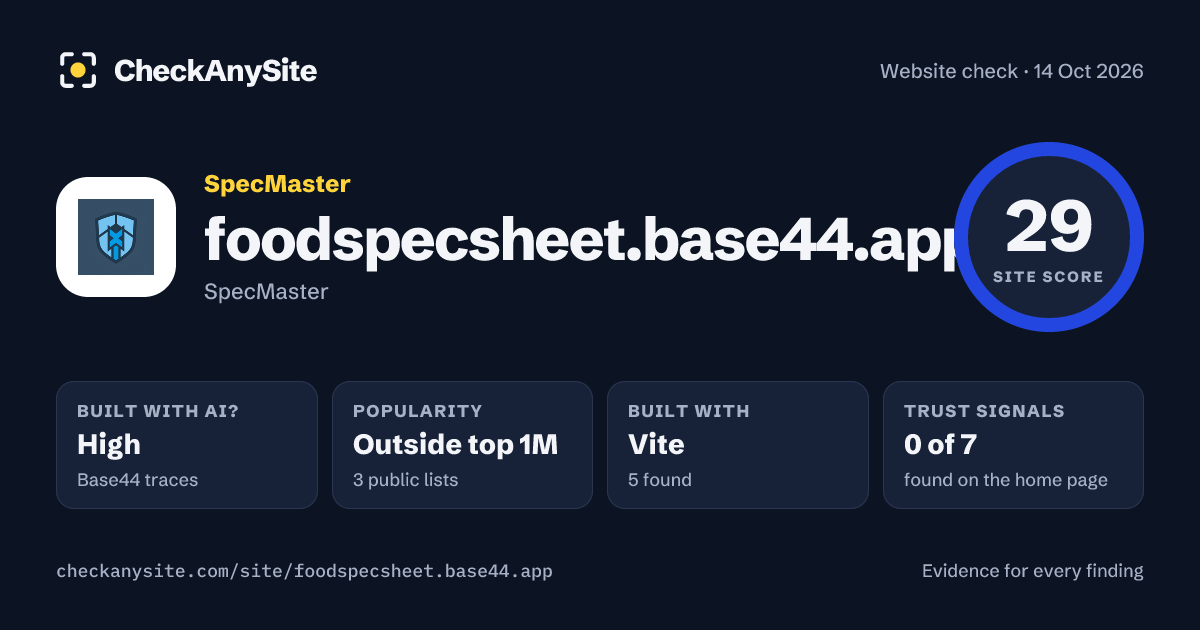 foodspecsheet.base44.app on CheckAnySite: AI traces high, popularity Outside top 1M, site score 29 of 100.