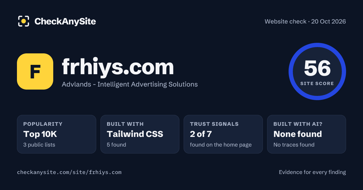frhiys.com on CheckAnySite: AI traces none found, popularity Top 10K, site score 56 of 100.