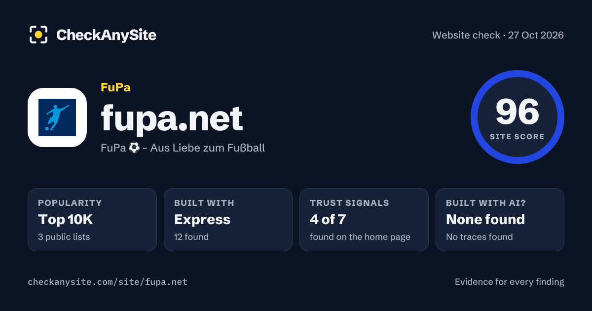 fupa.net on CheckAnySite: AI traces none found, popularity Top 10K, site score 96 of 100.