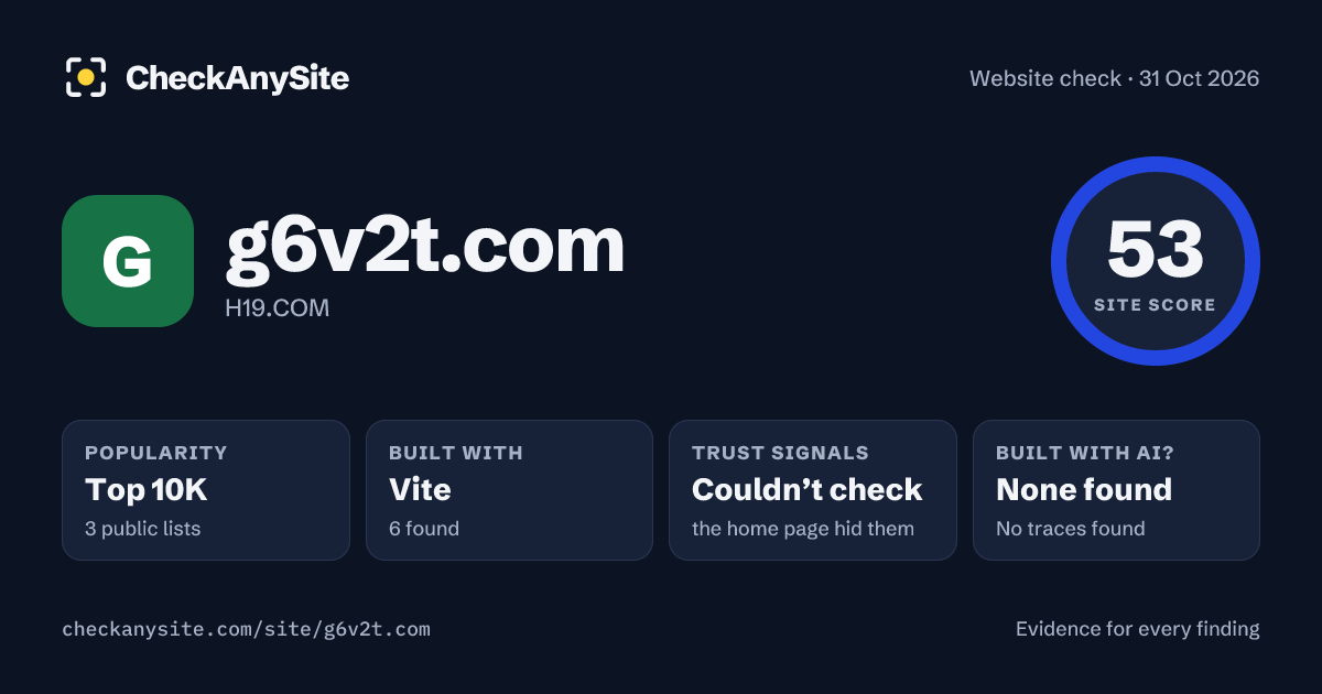 g6v2t.com on CheckAnySite: AI traces none found, popularity Top 10K, site score 53 of 100.
