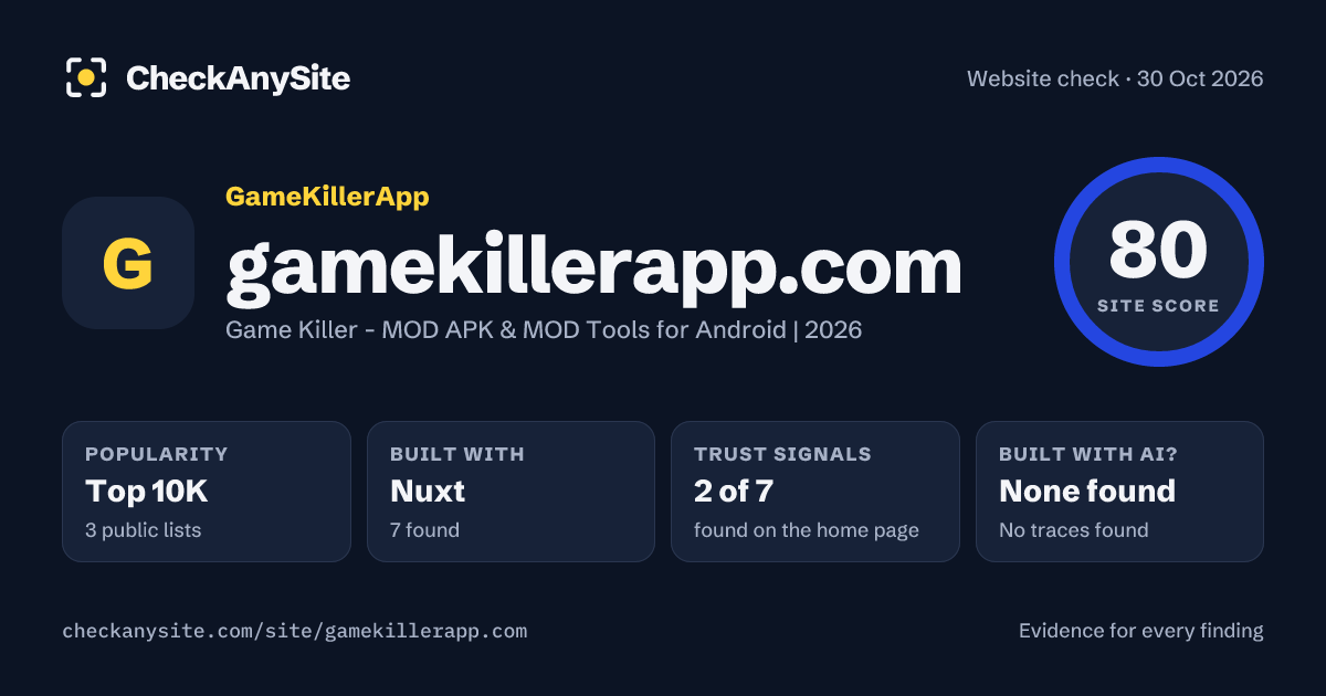 gamekillerapp.com on CheckAnySite: AI traces none found, popularity Top 10K, site score 80 of 100.
