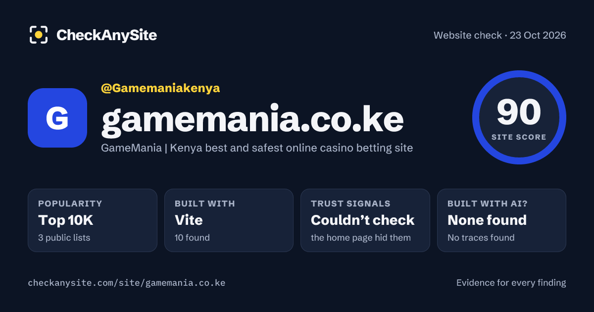 gamemania.co.ke on CheckAnySite: AI traces none found, popularity Top 10K, site score 90 of 100.