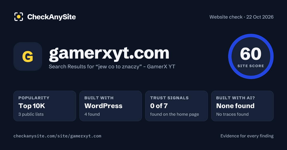 gamerxyt.com on CheckAnySite: AI traces none found, popularity Top 10K, site score 60 of 100.