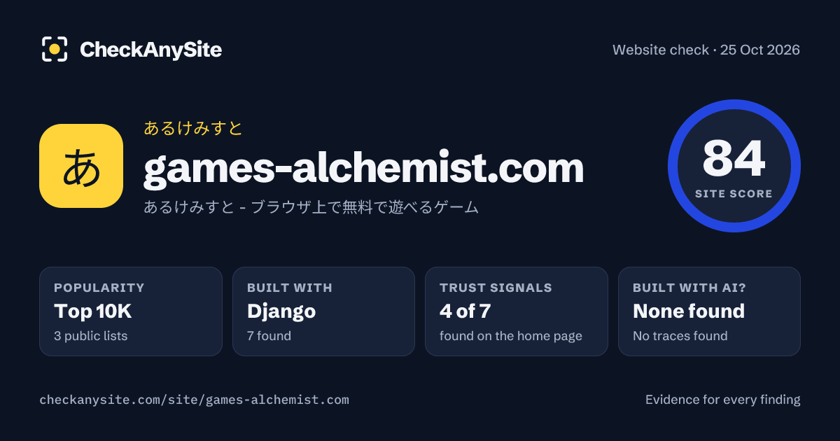 games-alchemist.com on CheckAnySite: AI traces none found, popularity Top 10K, site score 84 of 100.
