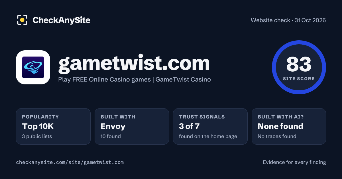 gametwist.com on CheckAnySite: AI traces none found, popularity Top 10K, site score 83 of 100.
