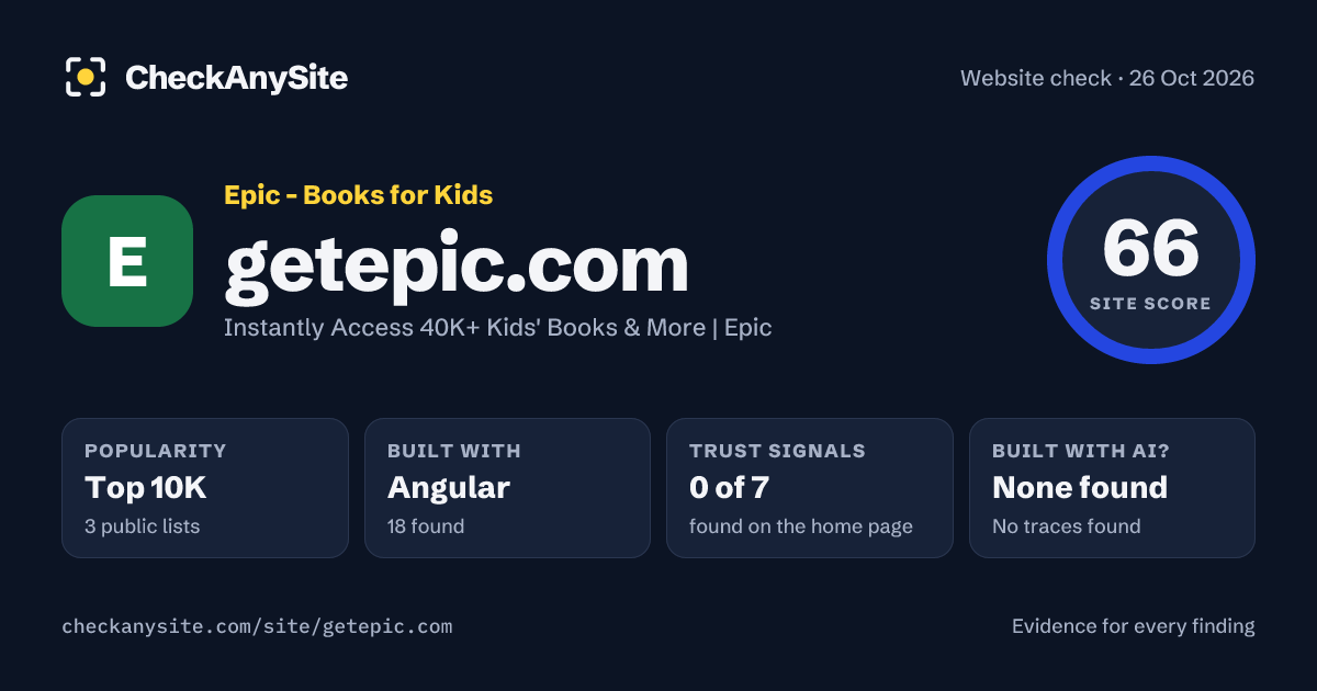 getepic.com on CheckAnySite: AI traces none found, popularity Top 10K, site score 66 of 100.