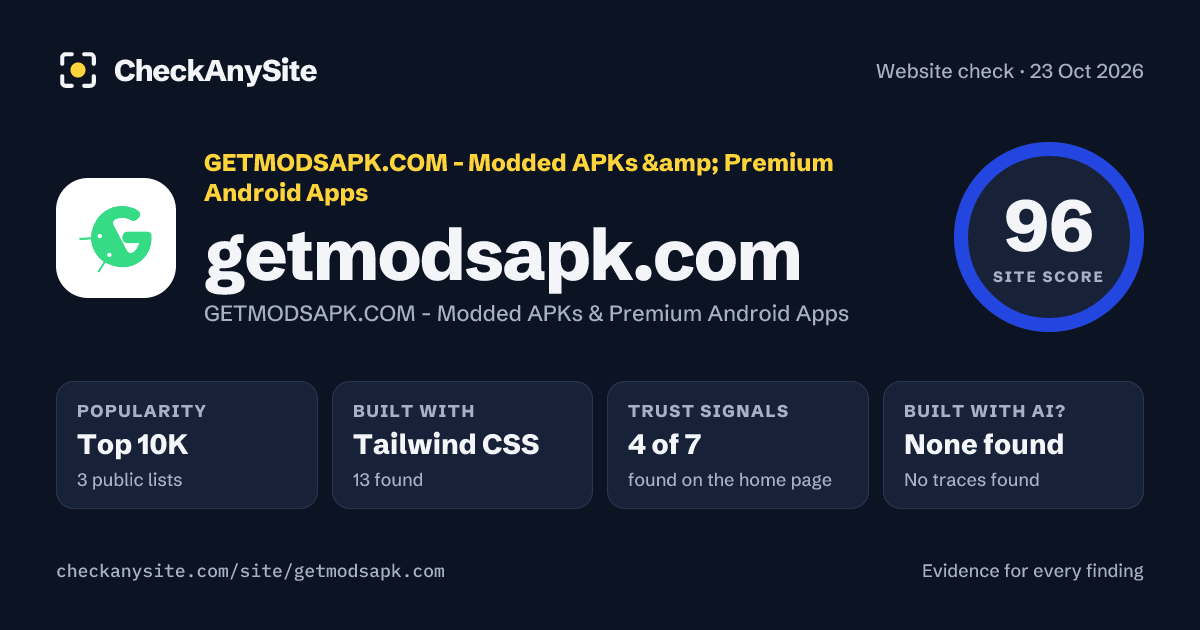 getmodsapk.com on CheckAnySite: AI traces none found, popularity Top 10K, site score 96 of 100.