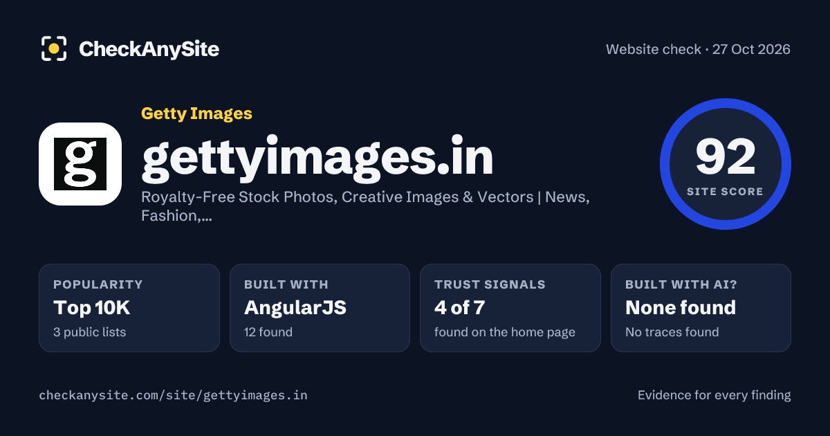 gettyimages.in on CheckAnySite: AI traces none found, popularity Top 10K, site score 92 of 100.