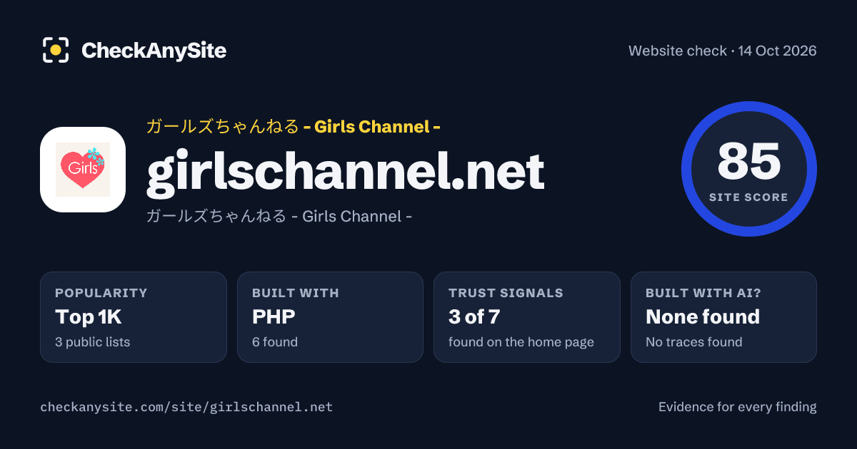 girlschannel.net on CheckAnySite: AI traces none found, popularity Top 1K, site score 85 of 100.