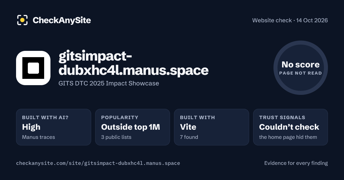 gitsimpact-dubxhc4l.manus.space on CheckAnySite: AI traces high, popularity Outside top 1M, no score.