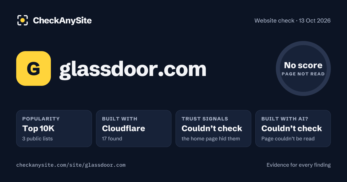 glassdoor.com on CheckAnySite: AI traces couldn’t check, popularity Top 10K, no score.
