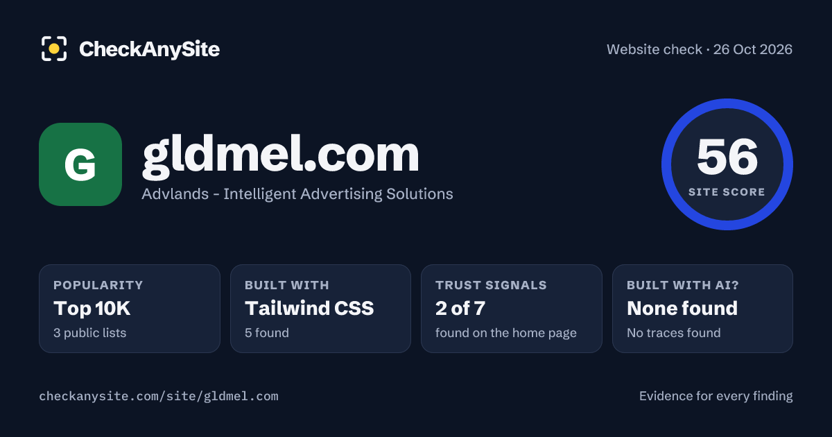 gldmel.com on CheckAnySite: AI traces none found, popularity Top 10K, site score 56 of 100.