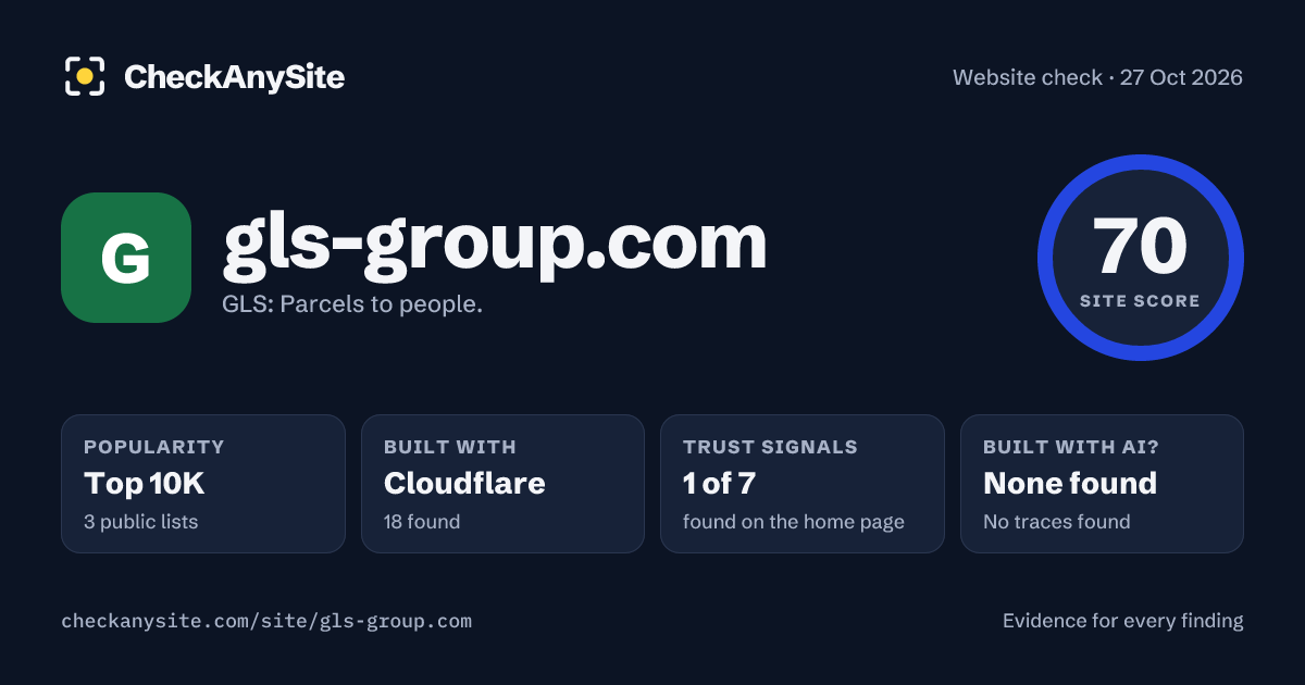 gls-group.com on CheckAnySite: AI traces none found, popularity Top 10K, site score 70 of 100.