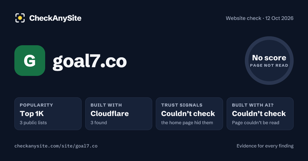 goal7.co on CheckAnySite: AI traces couldn’t check, popularity Top 1K, no score.