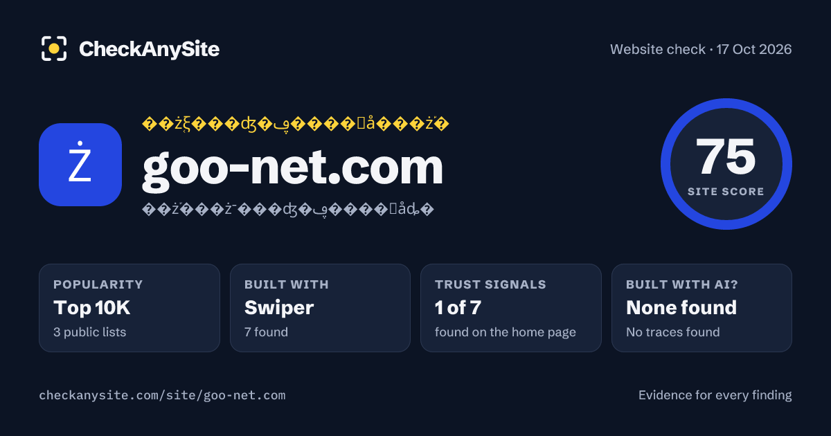 goo-net.com on CheckAnySite: AI traces none found, popularity Top 10K, site score 75 of 100.