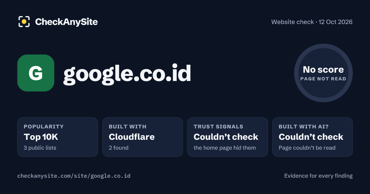 google.co.id on CheckAnySite: AI traces couldn’t check, popularity Top 10K, no score.