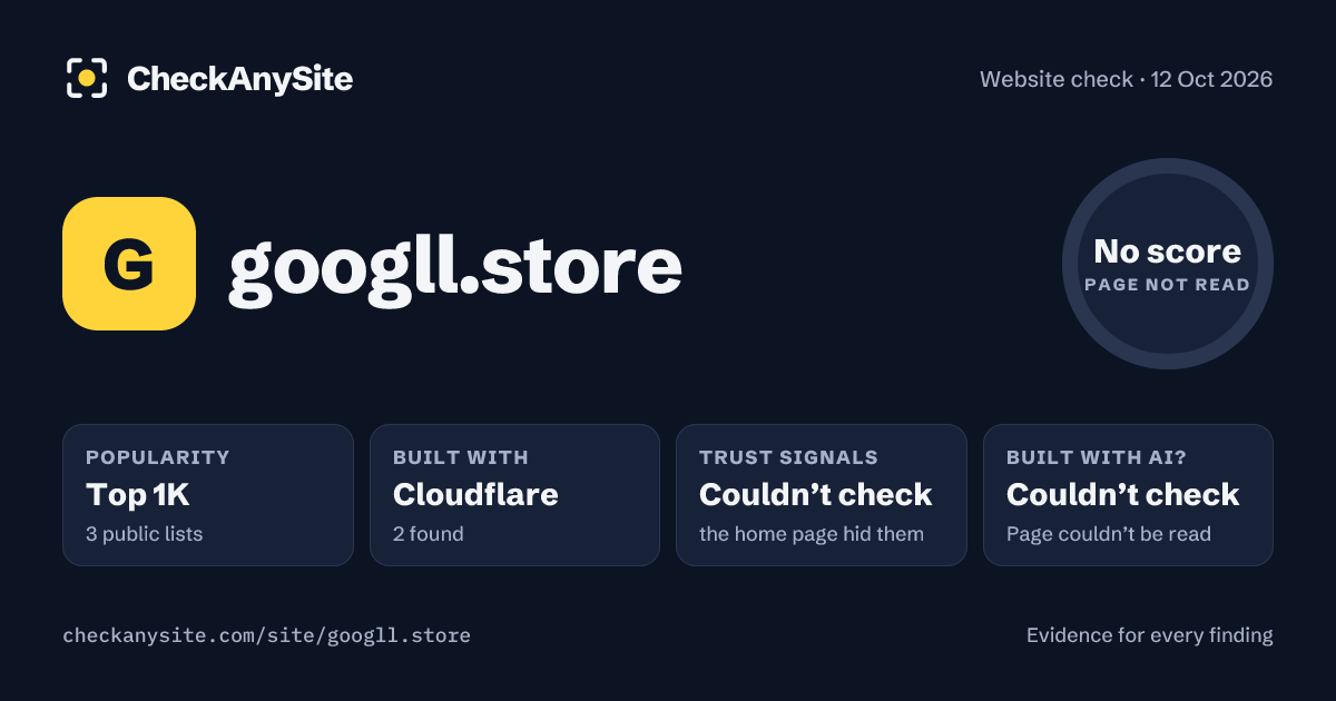 googll.store on CheckAnySite: AI traces couldn’t check, popularity Top 1K, no score.