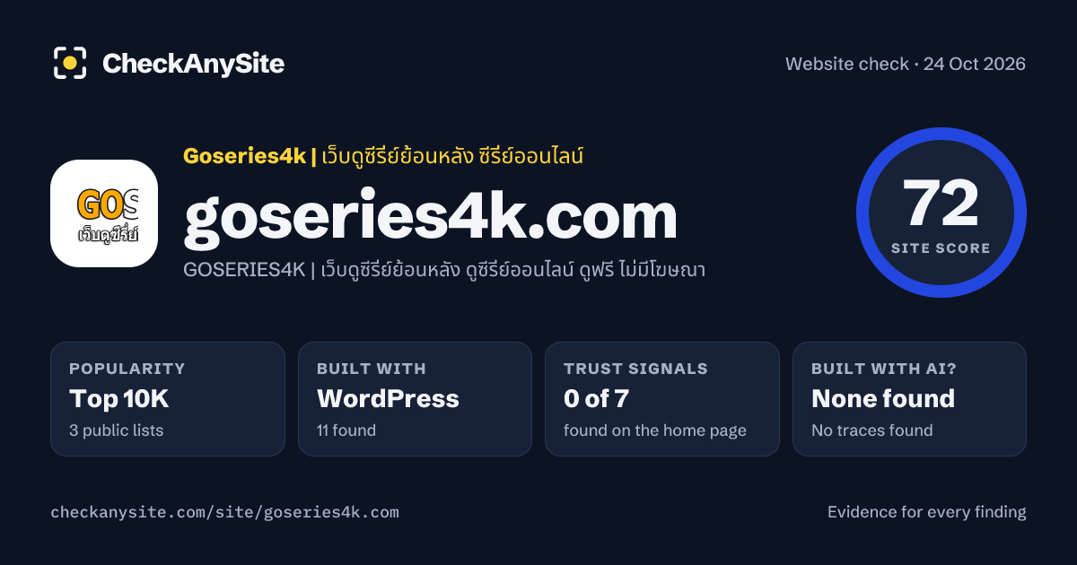goseries4k.com on CheckAnySite: AI traces none found, popularity Top 10K, site score 72 of 100.