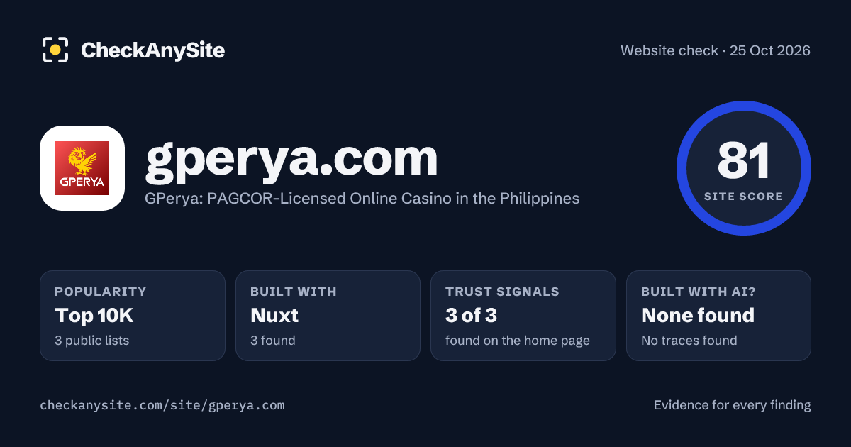 gperya.com on CheckAnySite: AI traces none found, popularity Top 10K, site score 81 of 100.