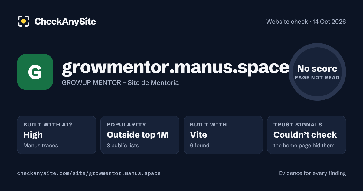 growmentor.manus.space on CheckAnySite: AI traces high, popularity Outside top 1M, no score.