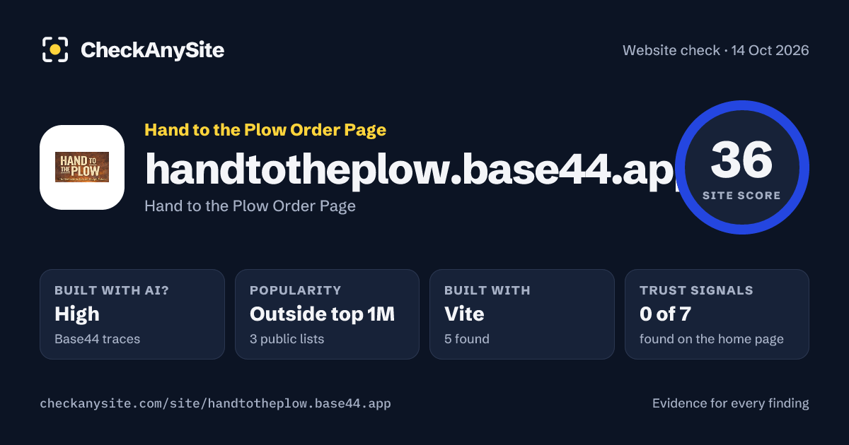 handtotheplow.base44.app on CheckAnySite: AI traces high, popularity Outside top 1M, site score 36 of 100.