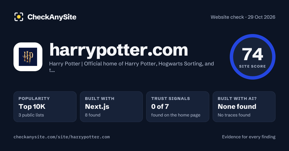 harrypotter.com on CheckAnySite: AI traces none found, popularity Top 10K, site score 74 of 100.