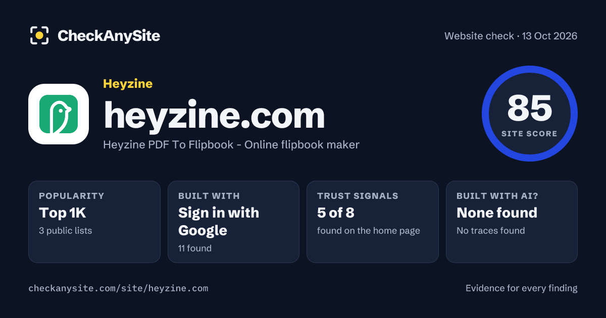 heyzine.com on CheckAnySite: AI traces none found, popularity Top 1K, site score 85 of 100.