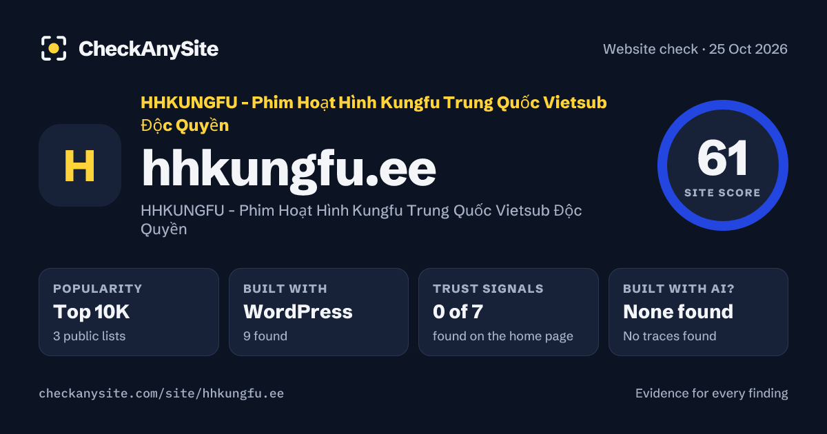hhkungfu.ee on CheckAnySite: AI traces none found, popularity Top 10K, site score 61 of 100.
