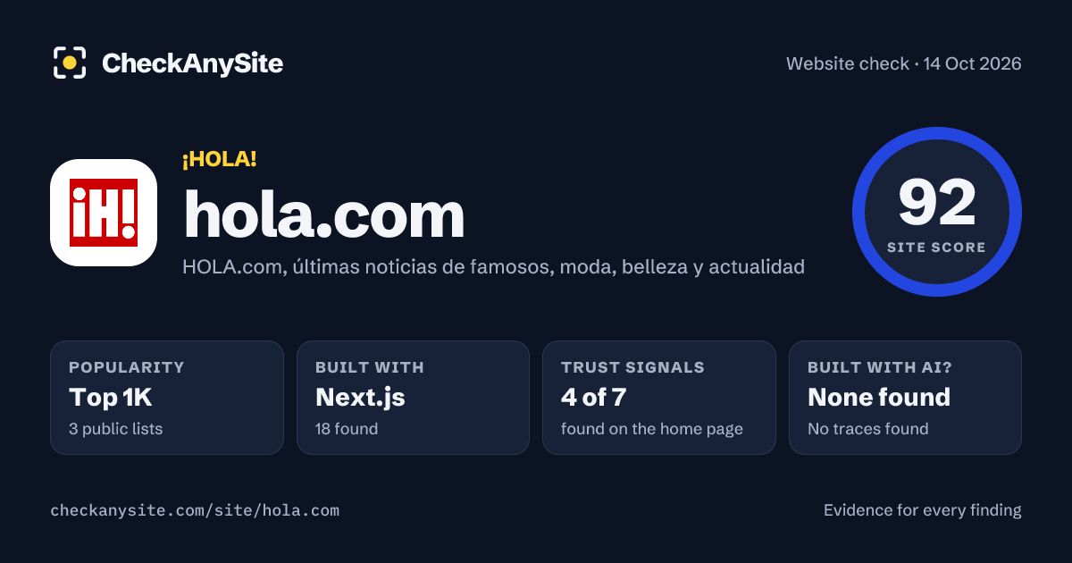 hola.com on CheckAnySite: AI traces none found, popularity Top 1K, site score 92 of 100.