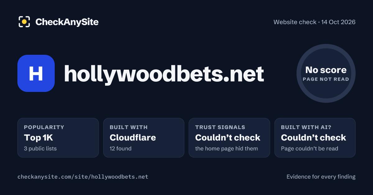 hollywoodbets.net on CheckAnySite: AI traces couldn’t check, popularity Top 1K, no score.