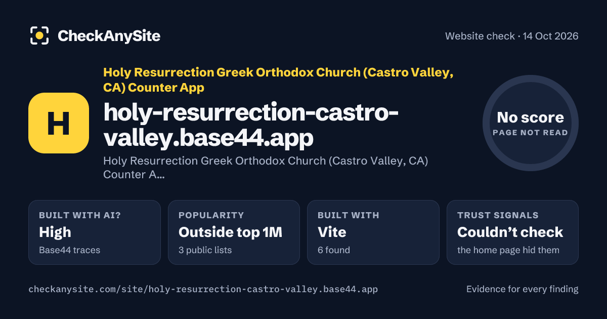 holy-resurrection-castro-valley.base44.app on CheckAnySite: AI traces high, popularity Outside top 1M, no score.