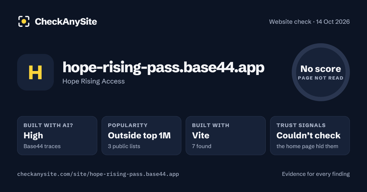 hope-rising-pass.base44.app on CheckAnySite: AI traces high, popularity Outside top 1M, no score.