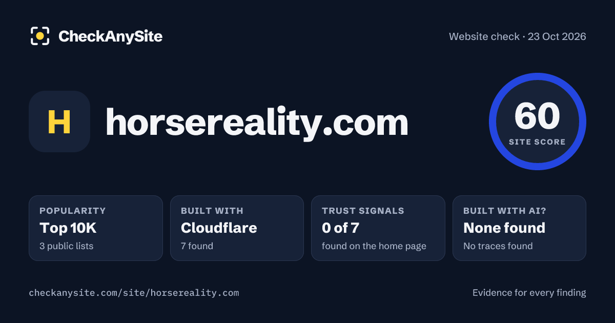 horsereality.com on CheckAnySite: AI traces none found, popularity Top 10K, site score 60 of 100.
