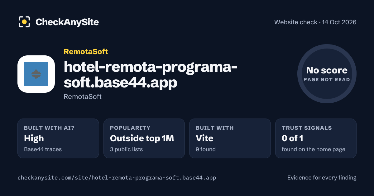 hotel-remota-programa-soft.base44.app on CheckAnySite: AI traces high, popularity Outside top 1M, no score.