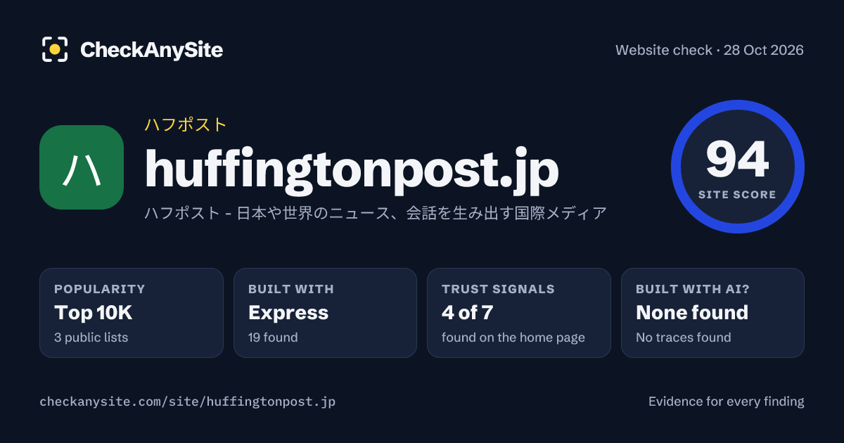 huffingtonpost.jp on CheckAnySite: AI traces none found, popularity Top 10K, site score 94 of 100.