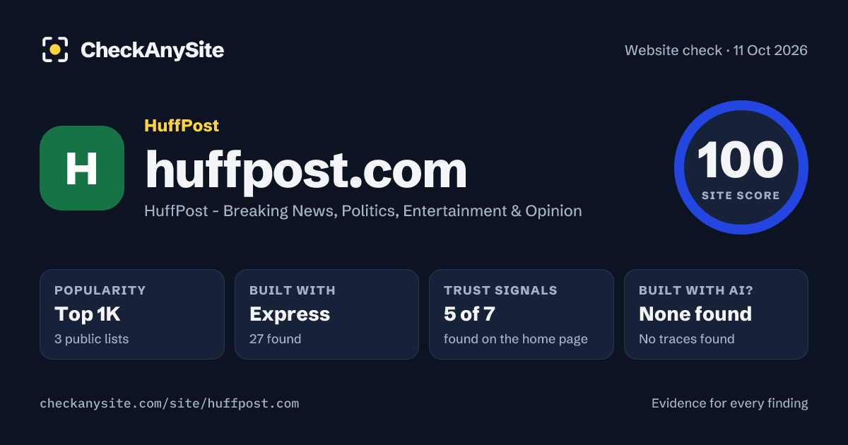 huffpost.com on CheckAnySite: AI traces none found, popularity Top 1K, site score 100 of 100.