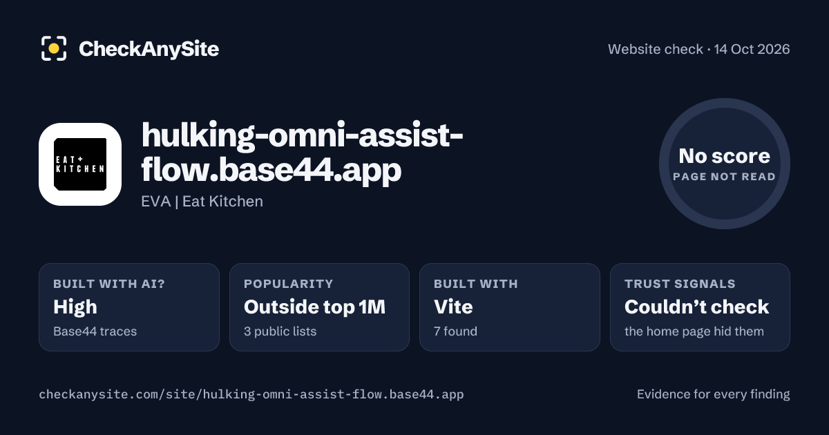 hulking-omni-assist-flow.base44.app on CheckAnySite: AI traces high, popularity Outside top 1M, no score.