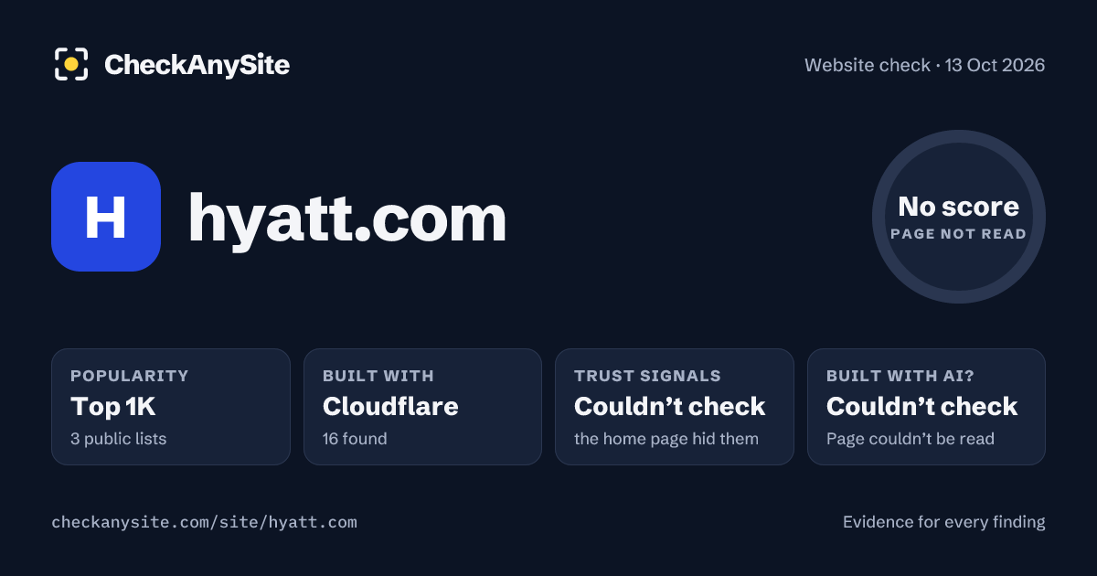 hyatt.com on CheckAnySite: AI traces couldn’t check, popularity Top 1K, no score.