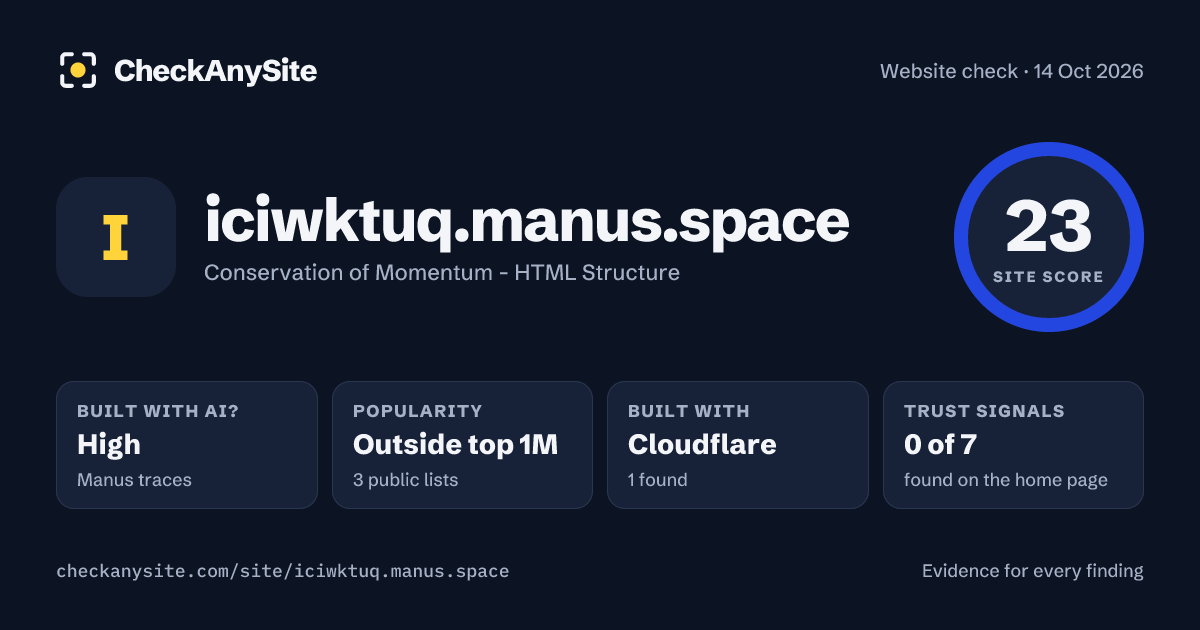 iciwktuq.manus.space on CheckAnySite: AI traces high, popularity Outside top 1M, site score 23 of 100.
