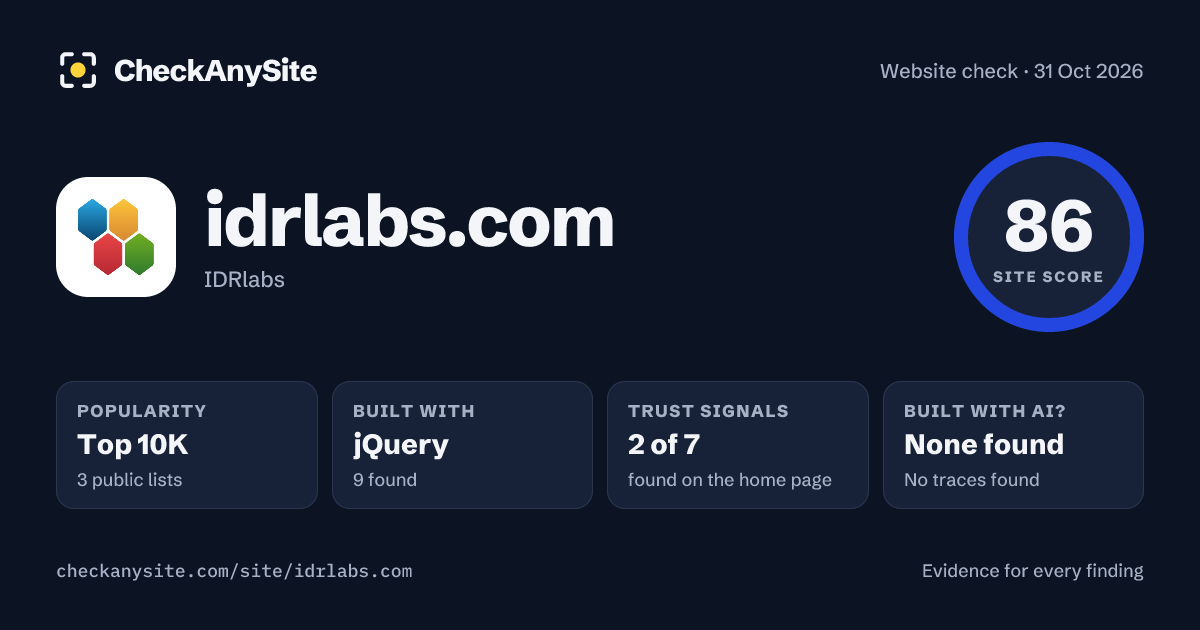 idrlabs.com on CheckAnySite: AI traces none found, popularity Top 10K, site score 86 of 100.