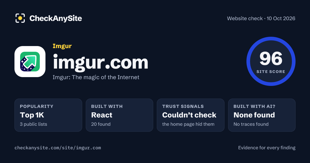 imgur.com on CheckAnySite: AI traces none found, popularity Top 1K, site score 96 of 100.