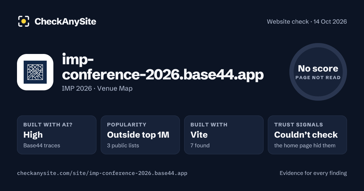 imp-conference-2026.base44.app on CheckAnySite: AI traces high, popularity Outside top 1M, no score.