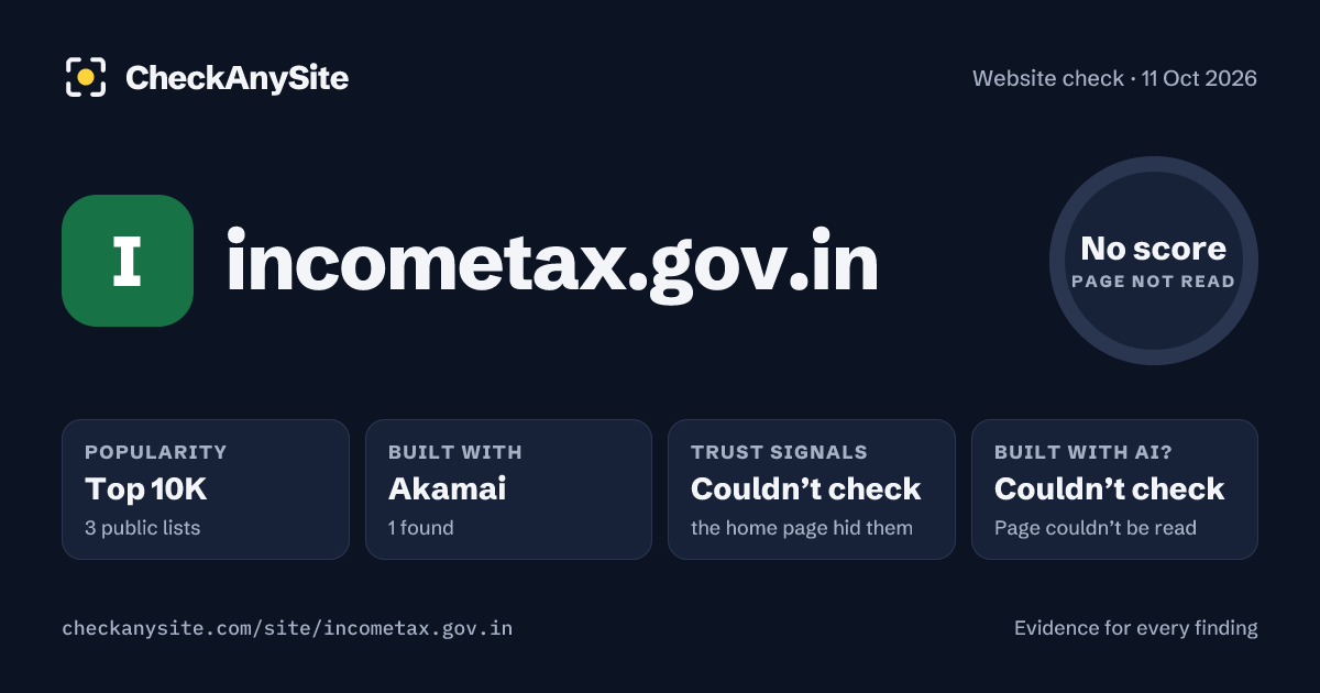 incometax.gov.in on CheckAnySite: AI traces couldn’t check, popularity Top 10K, no score.