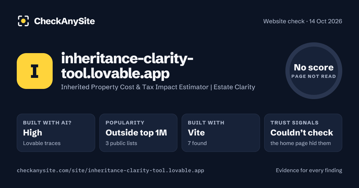 inheritance-clarity-tool.lovable.app on CheckAnySite: AI traces high, popularity Outside top 1M, no score.